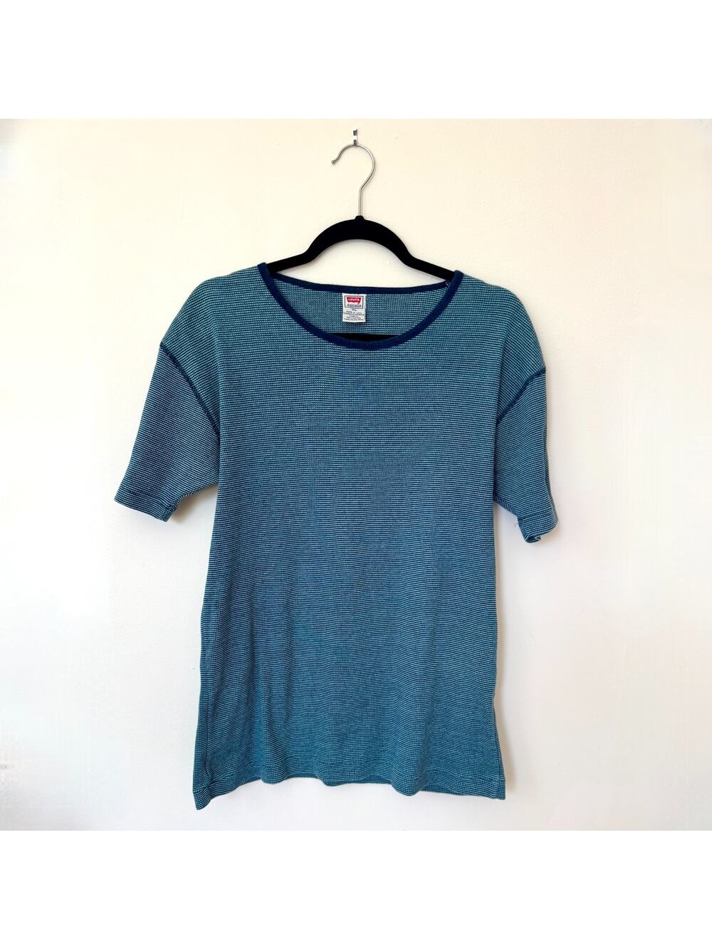 Vintage 90s Levi's Jeanswear Waffle Knit Tee Made in USA Blue Striped Size XL